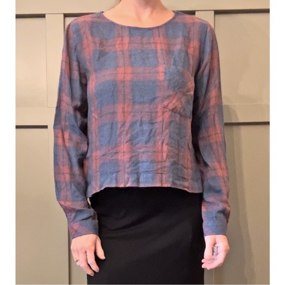 Anthropologie Cloth & Stone Plaid Back Lace Up Long Sleeve Top Red & Blue Small - Picture 1 of 13